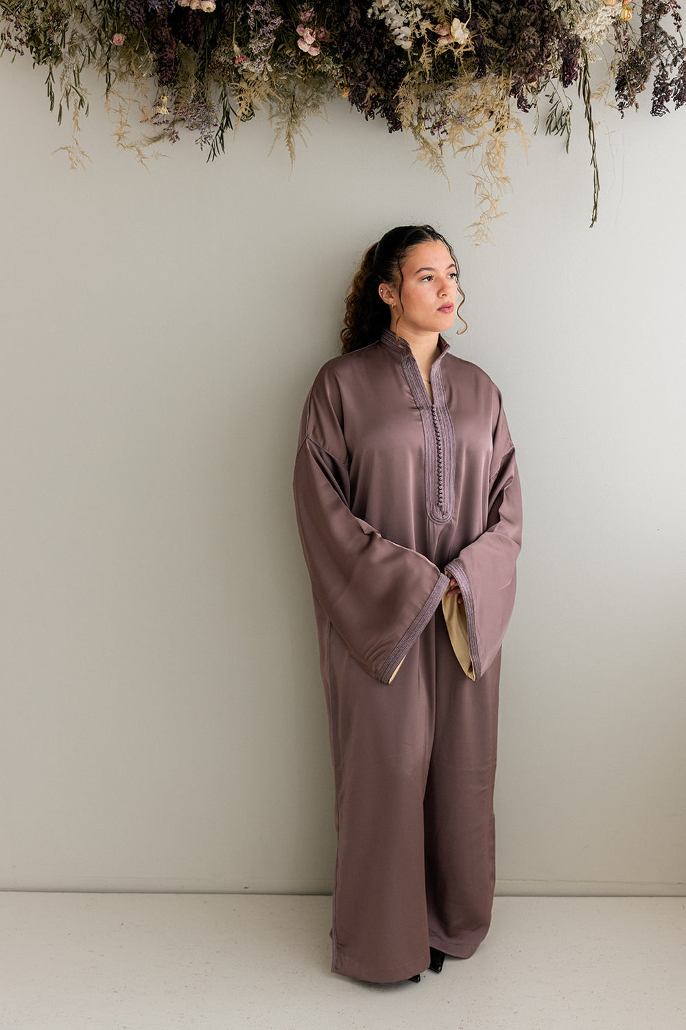 Satijnen Kaftan Bruin/Mauve x Botergeel