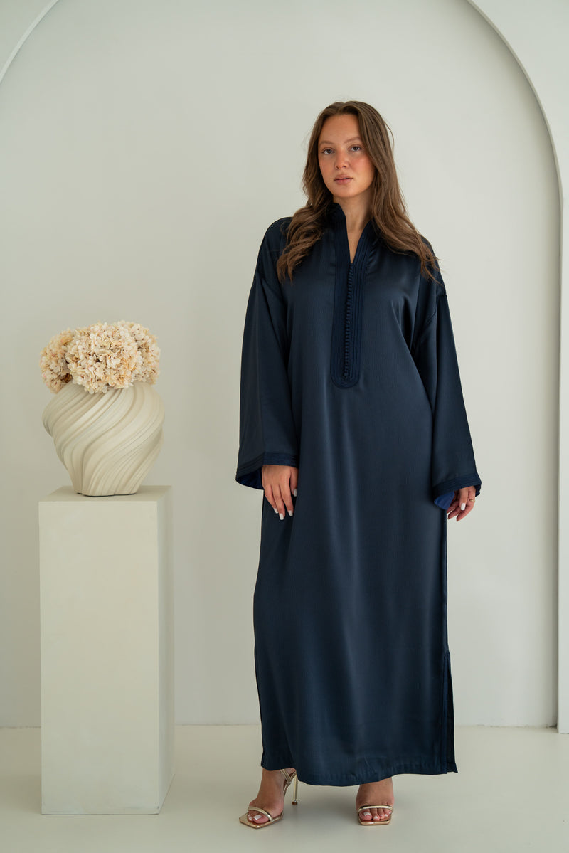 Gestructureerde Satijnen Kaftan Navy Blauw